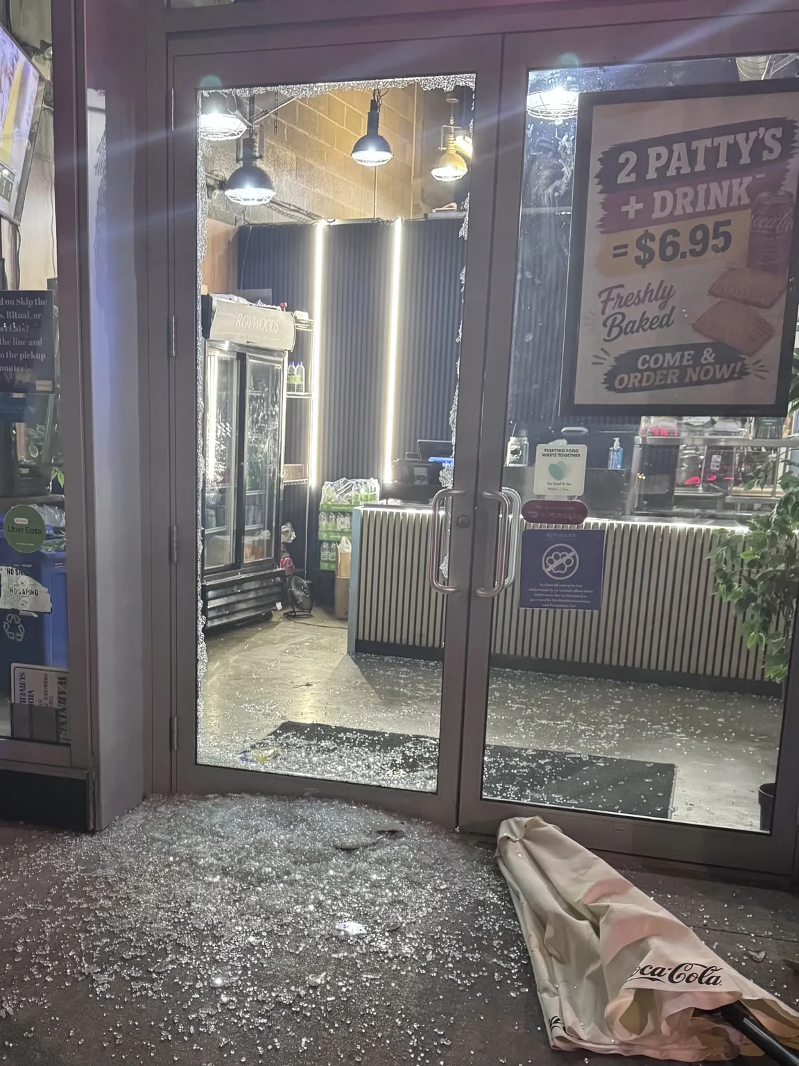 Shattered commercial entry-door glass in CityPlace, Toronto